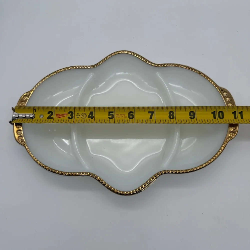 Anchor Hocking Fire King Relish Dish White Gold 22k Trim Milk Glass
